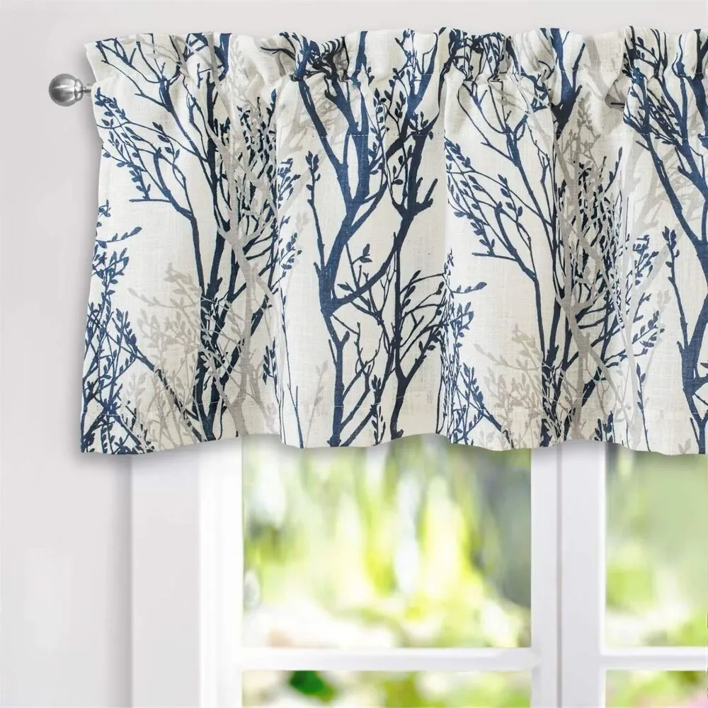 52 Inch by 18 Inch, Linen Lined Valance (Blue, Tree Branch Pattern)